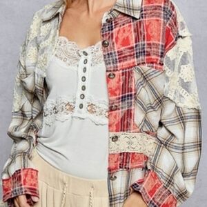 POL Lace Patchwork Mixed Plaids Button-Front Top/Shkt, NWOT, S, EPIC Look!❤️💙🤎